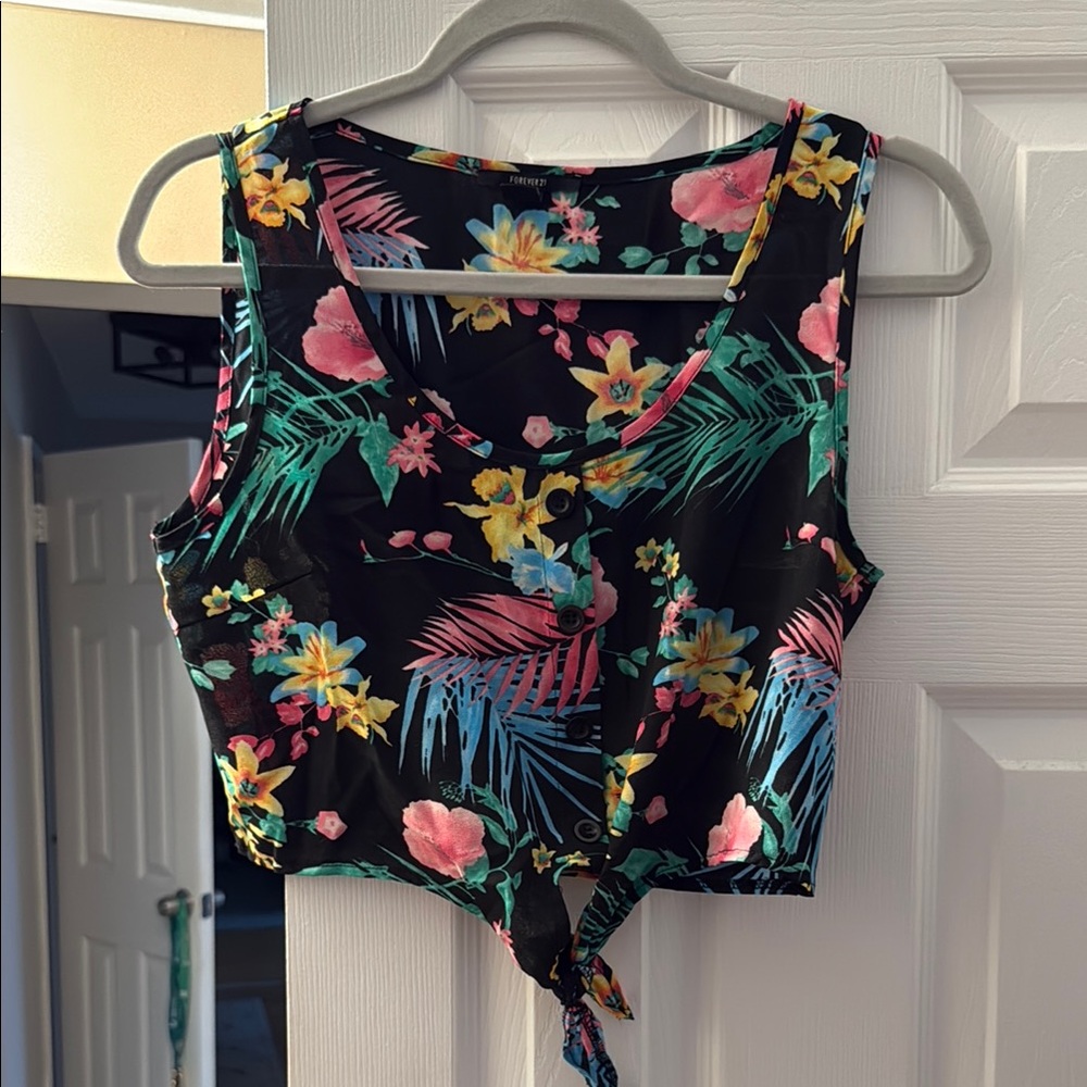 Forever 21 Pink and Yellow Tie-Front Crop Tank Top